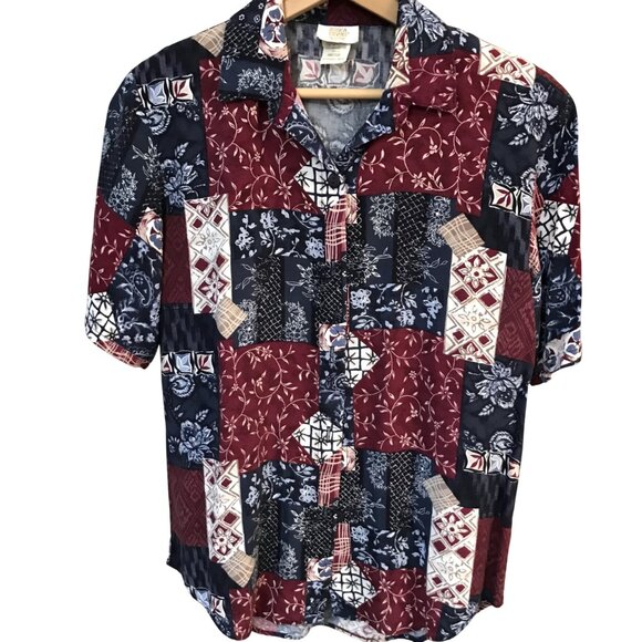 Jessica Stevens Paisley Floral Blouse: Vintage 80s Rayon Tunic, Magenta Blue, M - Picture 7 of 9